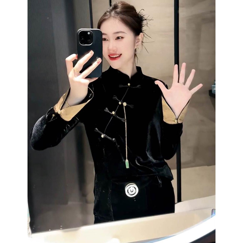 新中式国风盘扣丝绒衬衫女春秋季欧货拼接撞色高级感提花立领上衣