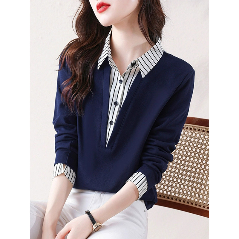 蓝色条纹假两件polo领长袖拼接针织衫女春秋欧货内搭打底衫上衣