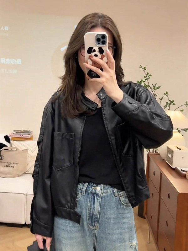 黑色短款小皮衣外套女春秋欧货PU皮夹克立领休闲上衣小个子机车服
