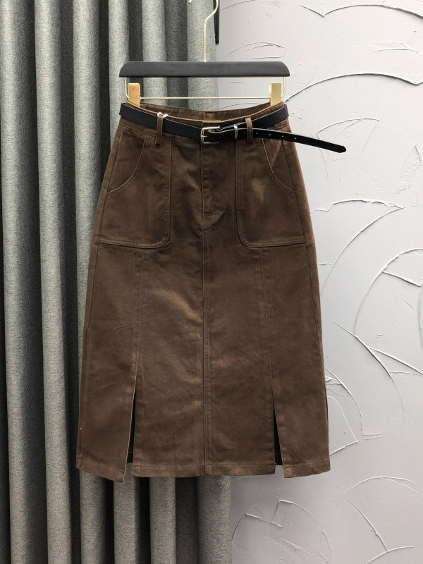 咖啡色高腰开叉牛仔裙女春秋欧货时尚宽松显瘦弹力A字中长半身裙