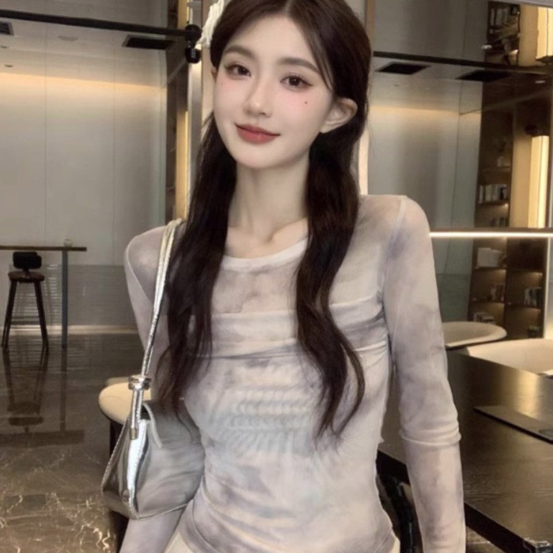 大码纯欲风晕染双层网纱罩衫女春秋欧货薄款修身防晒上衣长袖T恤