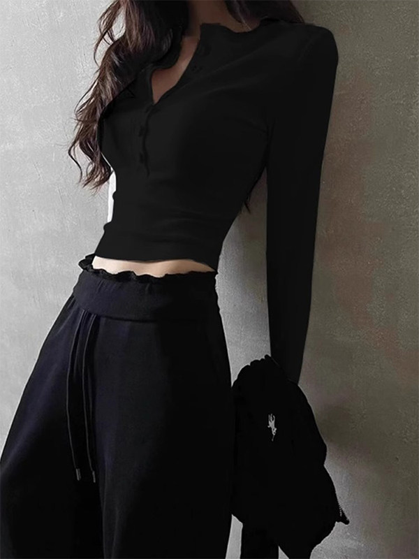 黑色V领长袖短款t恤女春秋欧货辣妹风修身显瘦紧身打底衫纯欲上衣