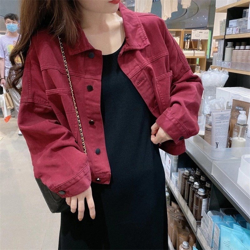 酒红色牛仔外套女春秋季欧货短款夹克小个子卡腰上衣bf风工装开衫