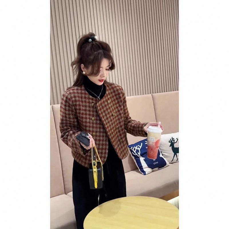 法式红色格子外套女春秋冬欧货小香风短款夹棉加厚上衣小个子夹克