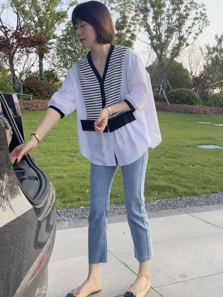 条纹衬衫女半袖春秋欧货小个子七分袖衬衣V领小衫薄款假两件上衣