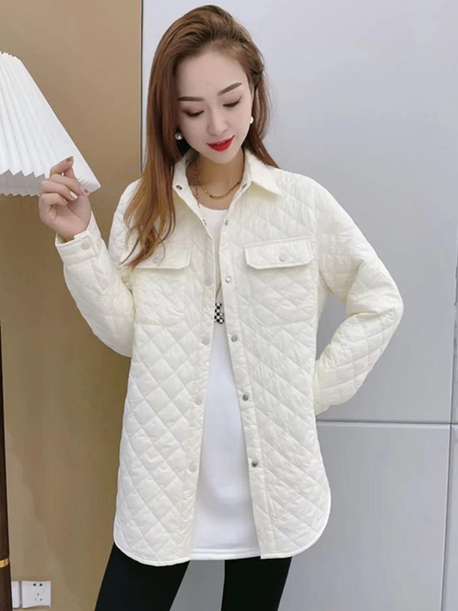 夹棉衬衫女秋冬深圳欧货菱形格羽绒棉服叠穿加厚拼接口袋二棉外套