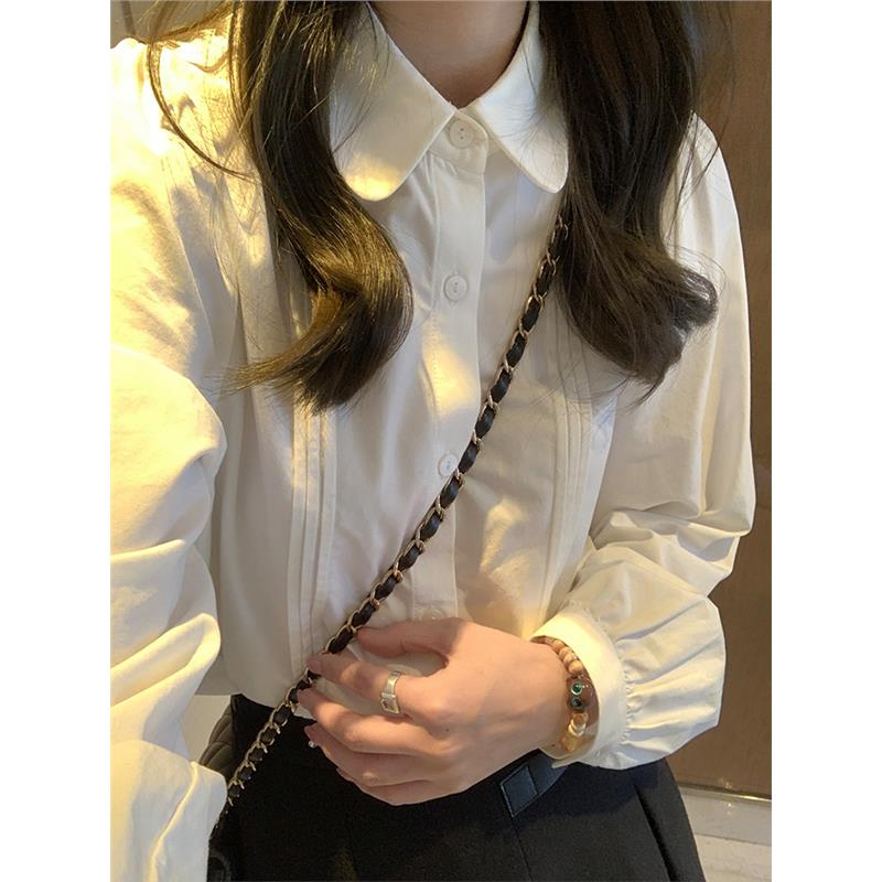 白色娃娃领衬衫女春秋季欧货新款叠穿内搭风琴褶学院风长袖衬衣