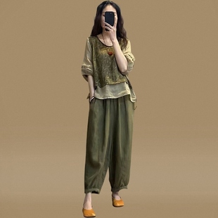 棉麻套装女夏欧货印花拼接假两件泡泡袖上衣九分哈伦裤胖mm两件套