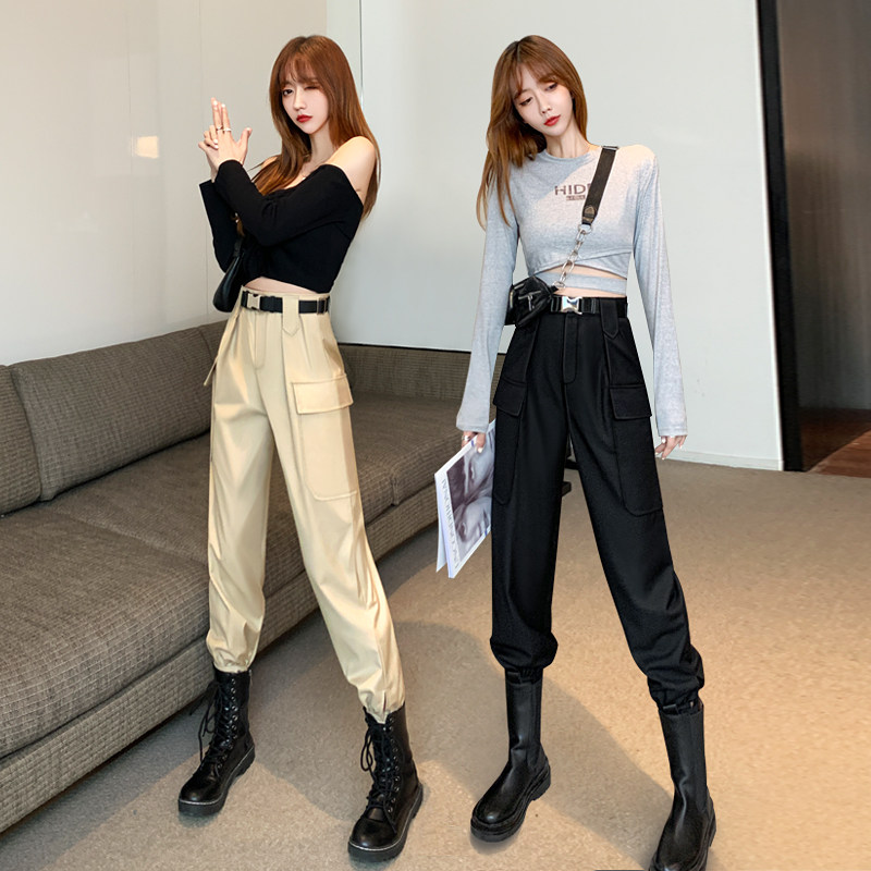 束脚工装裤女秋冬季欧货大码胖mm高腰显瘦哈伦裤搭配马丁靴的裤子
