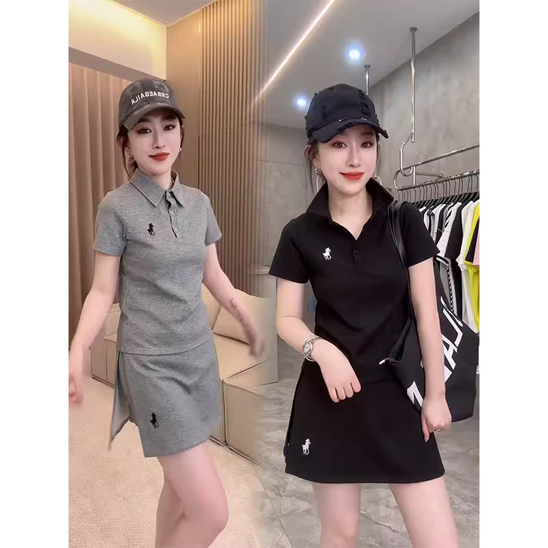灰色休闲POLO衫短裙两件套女夏季欧货韩版修身显瘦小个子时尚套装