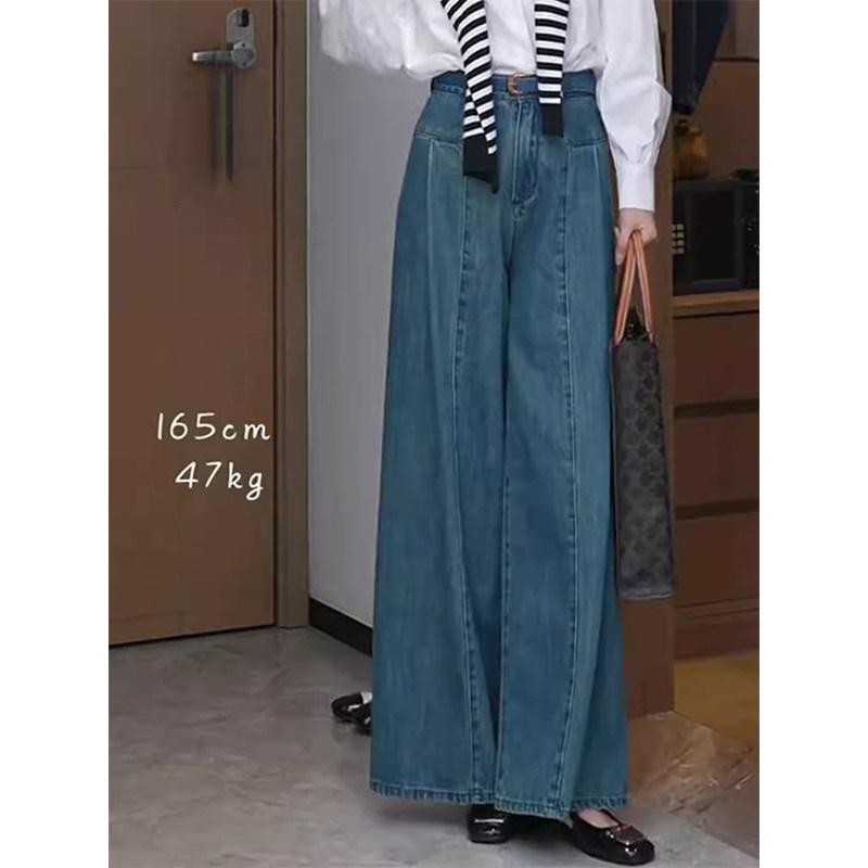 蓝色复古高腰阔腿牛仔裤女春秋欧货时尚百搭宽松显瘦直筒拖地长裤