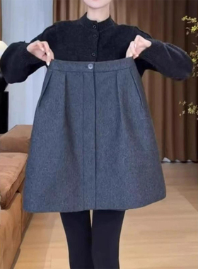灰色加厚毛呢半身裙女春秋欧货高腰显瘦高端西装短裙a字木桶裙子