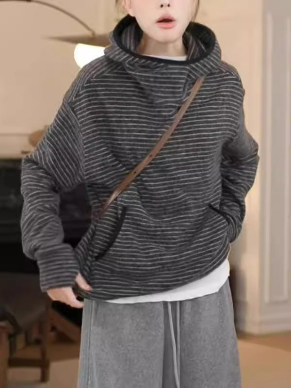 深灰色条纹长袖连帽卫衣女春秋欧货时尚洋气覆古宽松休闲套头上衣