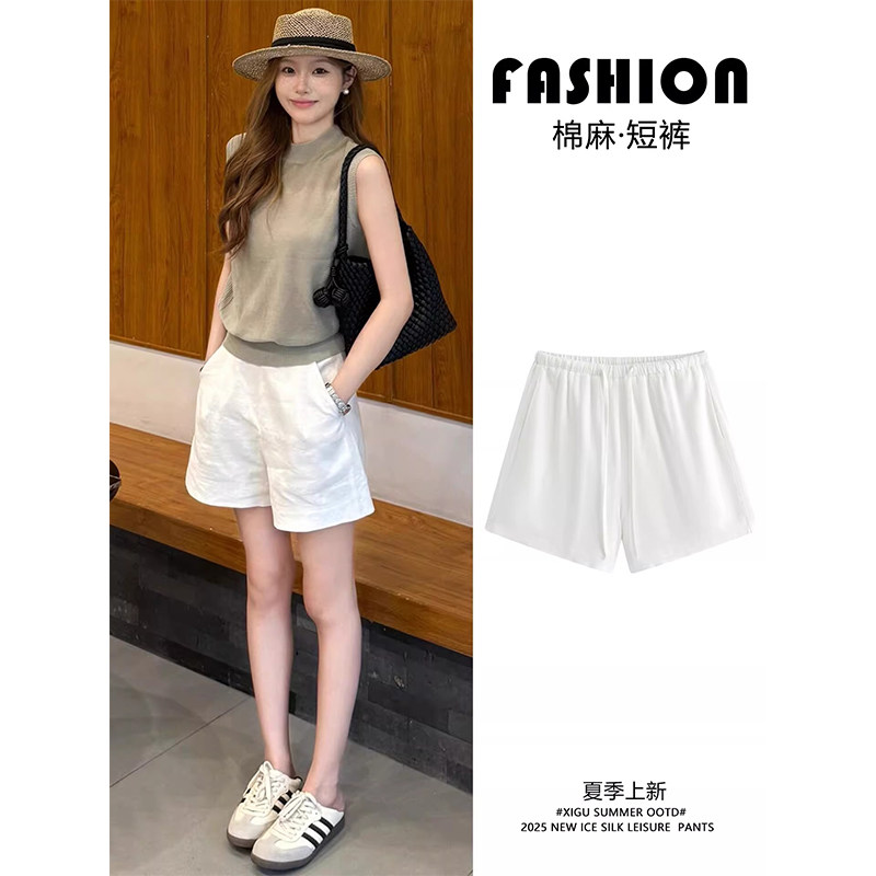 白色亚麻高腰短裤女春秋欧货时尚百搭显瘦宽松休闲通勤风五分裤子