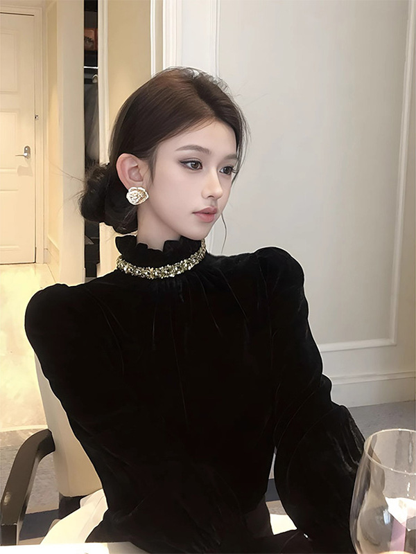 黑色半高领木耳边长袖丝绒衬衫女秋冬欧货时尚收腰修身内搭上衣