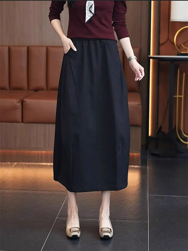 黑色半身裙女秋冬欧货高腰A字花苞裙宽松显瘦休闲垂坠感中长裙