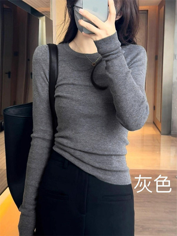 灰色圆领正肩长袖针织t恤女春秋欧货时尚修身显瘦内搭打底衫上衣