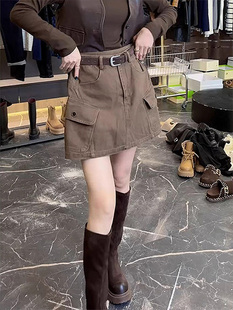 咖色工装半身裙女春秋欧货高腰显瘦宽松洋气a字包臀牛仔短裙子