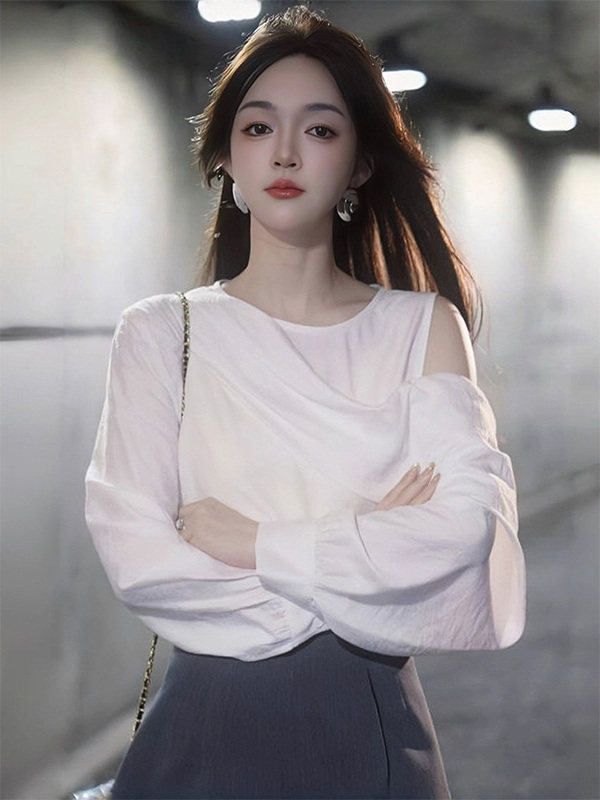 露肩长袖衬衫女春秋欧货时尚气质不规则薄款小衫宽松显瘦镂空上衣