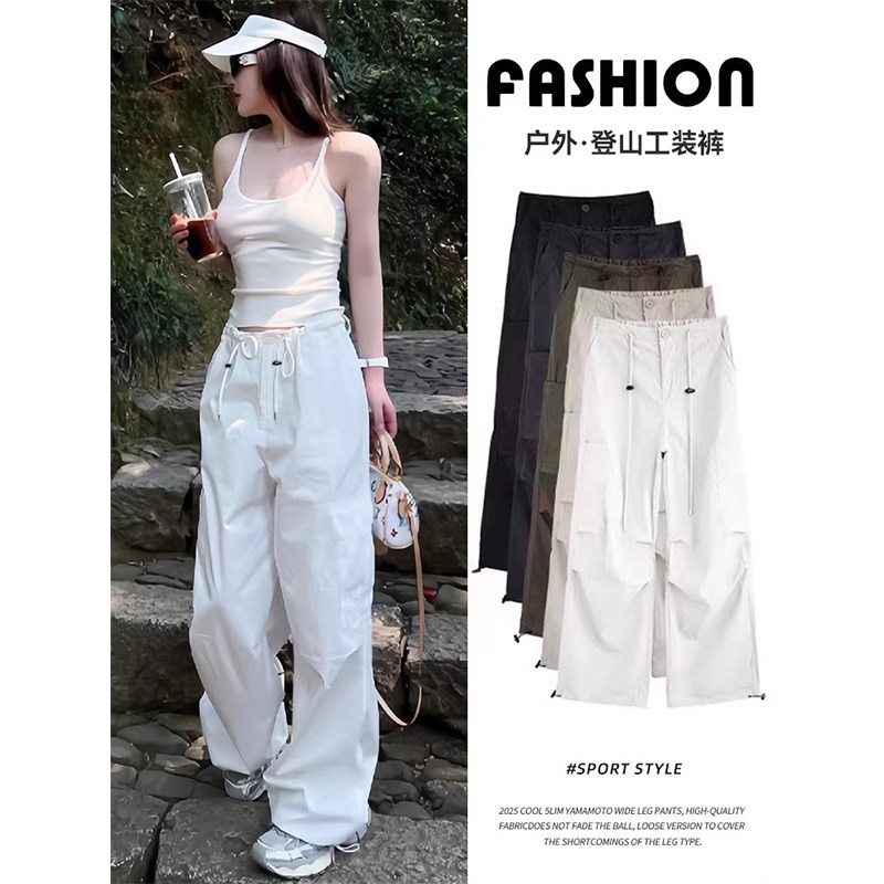 白色美式工装风阔腿裤女春秋欧货时尚高腰宽松小个子户外运动裤子