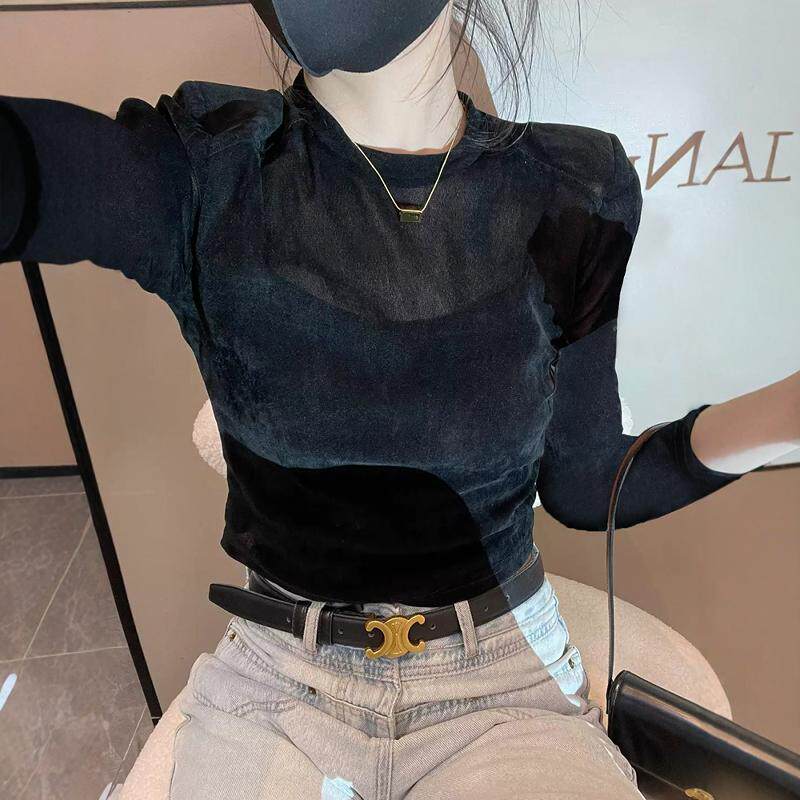 秋季时尚百搭女神范修身短款丝绒上衣女设计感小众垫肩长袖T恤潮