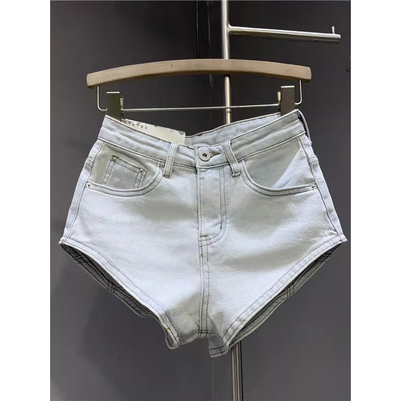 浅蓝色高腰牛仔超短裤女春夏欧货时尚表达的显瘦阔脚辣妹风热裤子