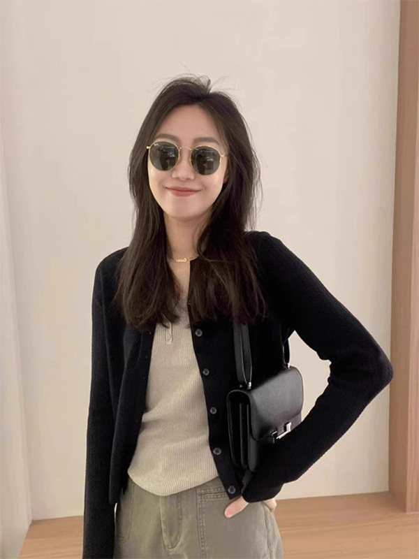 黑色冰丝圆领长袖针织开衫女春秋欧货薄款防晒修身显瘦外搭上衣