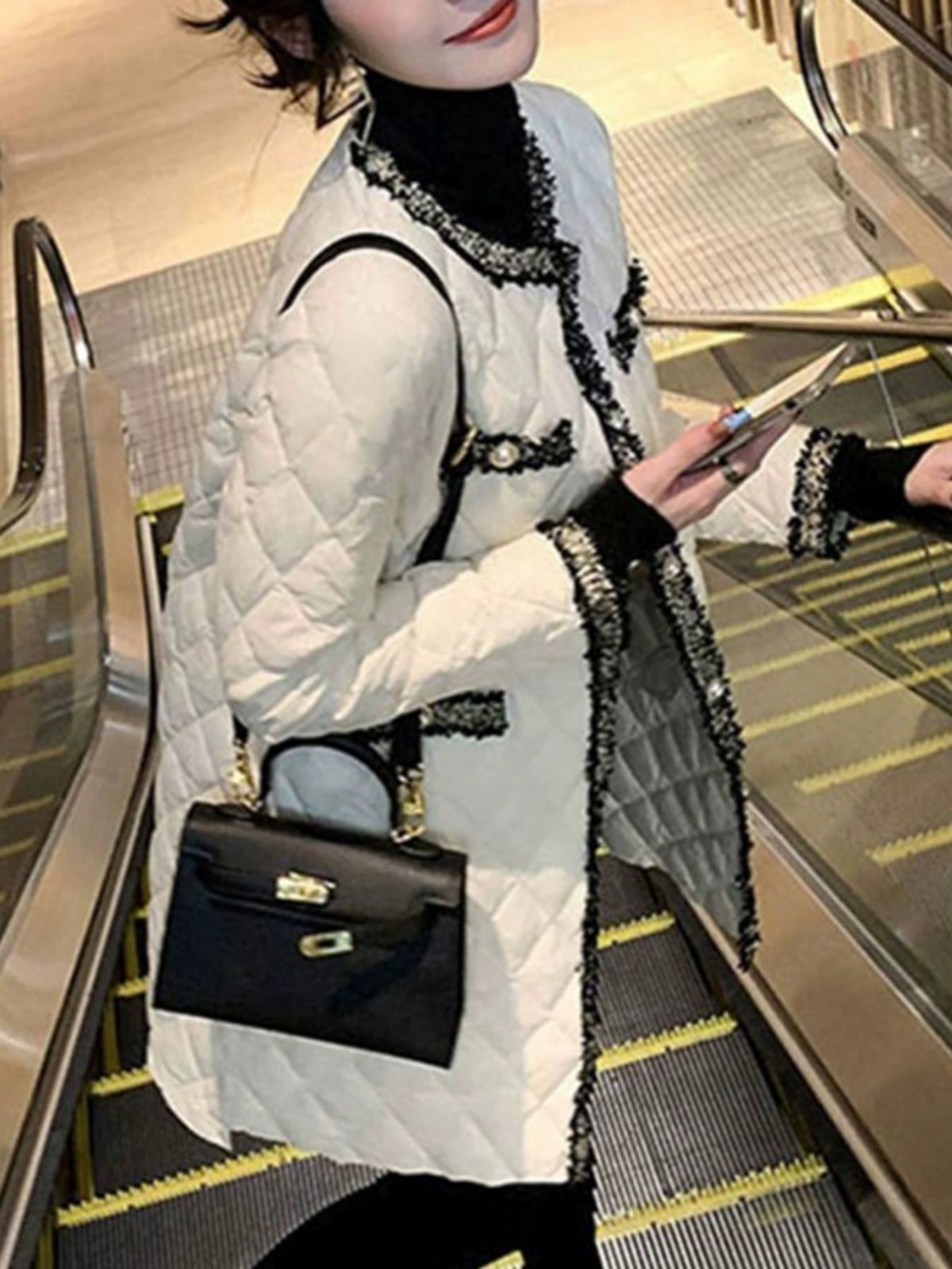 小香风轻薄羽绒棉服女士秋冬欧货保暖棉袄中长款白色棉衣二棉外套