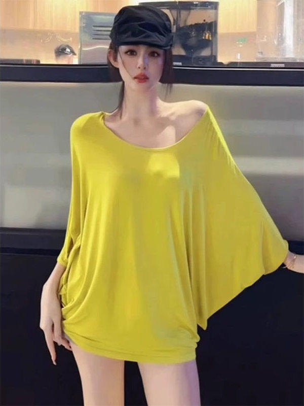 大领口懒人风格蝙蝠袖顶女士夏季欧洲商品2025别致宽松半袖t恤防
