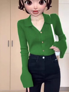绿色v领针织开衫女春秋冬欧货翻领毛衣修身显瘦长袖内搭短款上衣