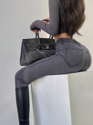 烟灰色提臀牛仔裤女修身小脚弹力铅笔裤高腰塑形蜜桃臀瑜伽裤子