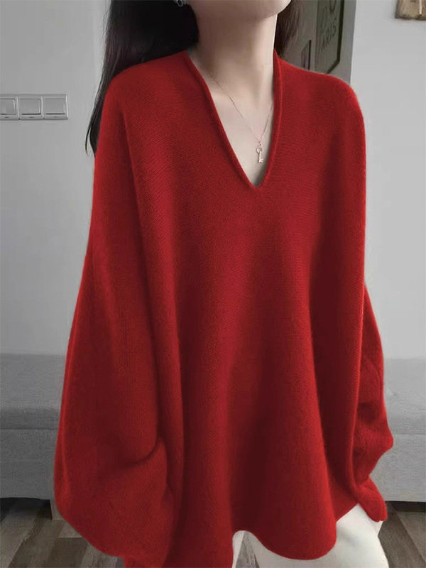 红色V领长袖毛针织衫女秋冬欧货慵懒风宽松显瘦高级感毛衣上衣