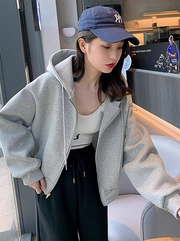 灰色连帽长袖卫衣外套女春秋欧货宽松休闲短款运动抽绳开衫上衣