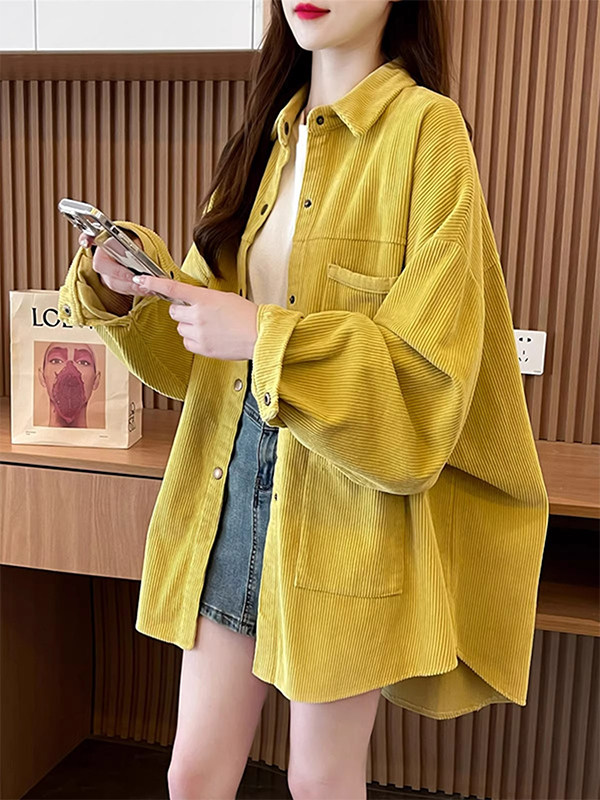 黄色灯芯绒长袖衬衫外套女春秋欧货宽松中长款衬衣休闲百搭上衣