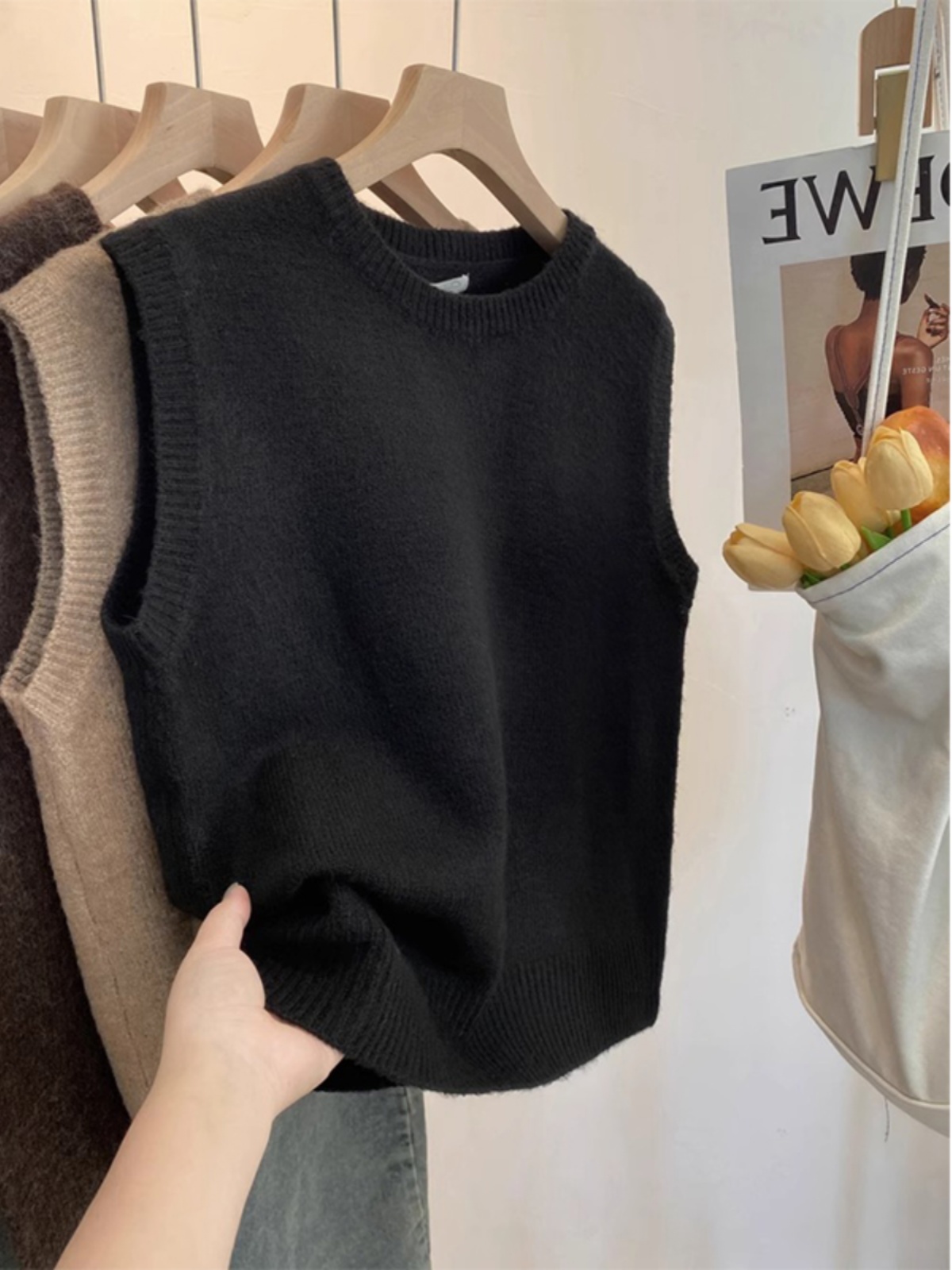 韩式覆古圆领针织春秋季女装背心欧式无袖分层宽松毛衣配柔软的蜡