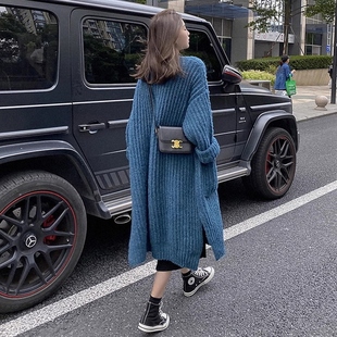 中长款过膝毛衣外套女士秋冬季欧货慵懒风宽松上衣粗毛线针织开衫