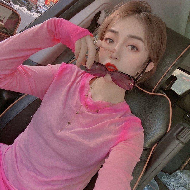 扎染长袖t恤女春秋季欧货糖果色面膜打底衫圆领网纱微透渐变体恤