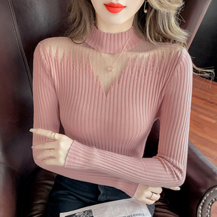 粉色网纱拼接半高领针织打底衫女春秋欧货修身套头毛衣设计感上衣