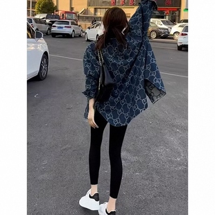 小香风牛仔外套女春秋欧货提花满印衬衫潮牌衬衣复古工装夹克上衣