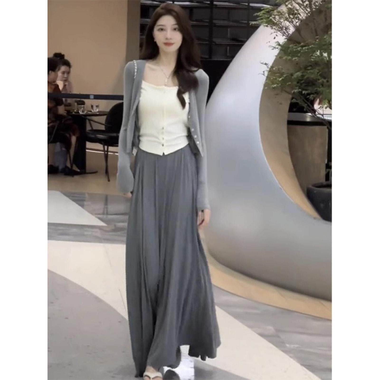 莫代尔半身裙女春秋季长款拖地长裙搭配开衫上衣气质小香风两件套