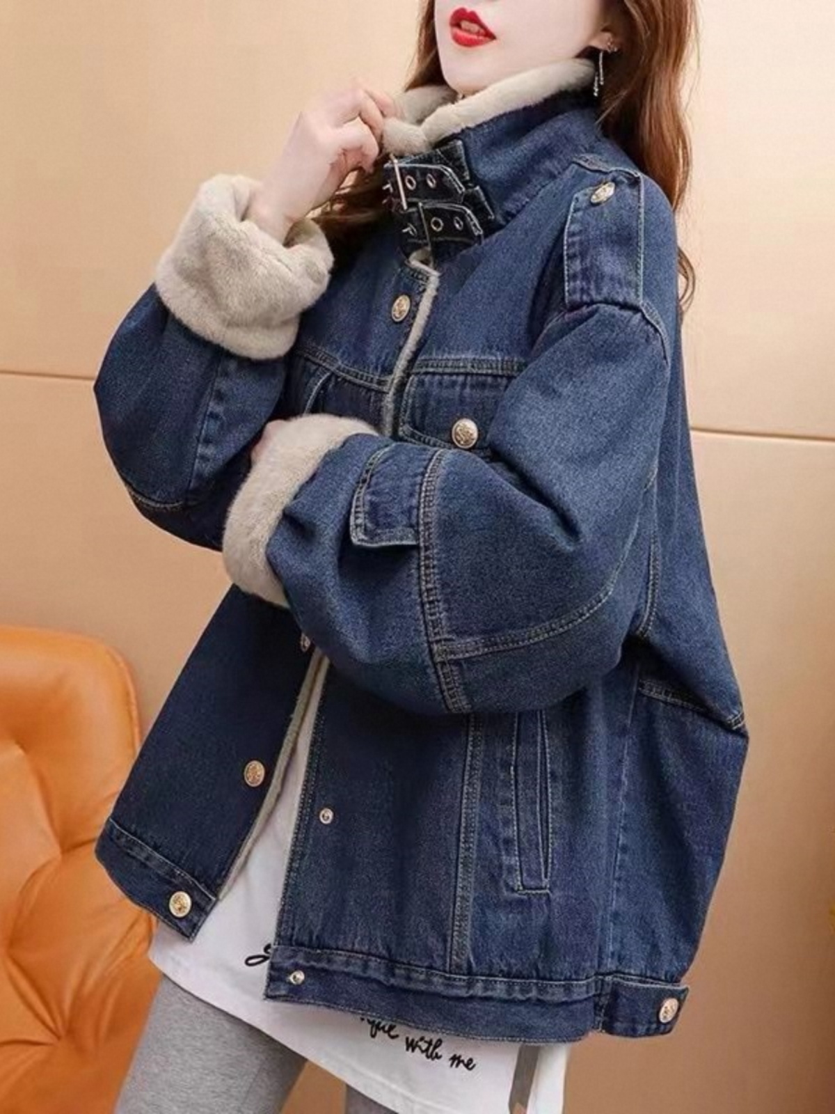 加绒加厚拼接牛仔外套女秋冬欧货立领彷羊羔毛外套宽松慵懒风上衣