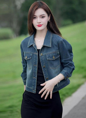 覆古蓝色牛仔外套女士春秋季欧货短款长袖夹克小个子polo翻领上衣