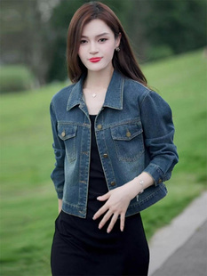 覆古蓝色牛仔外套女士春秋季欧货短款长袖夹克小个子polo翻领上衣
