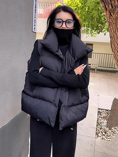 黑色羽绒棉马甲女秋冬欧货轻薄外穿宽松时尚坎肩保暖马夹二棉上衣