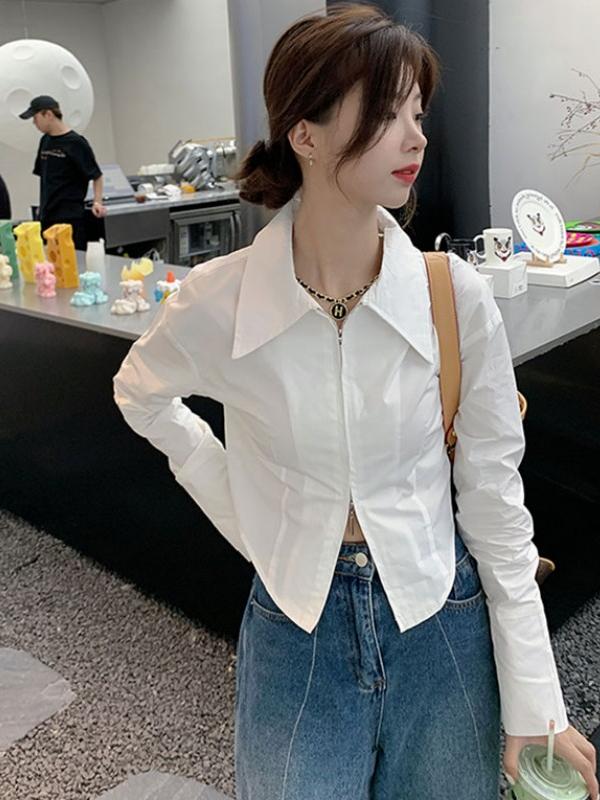 法式双拉炼白色长袖衬衫女春秋季欧货设计感短款上衣内搭打底衬衣