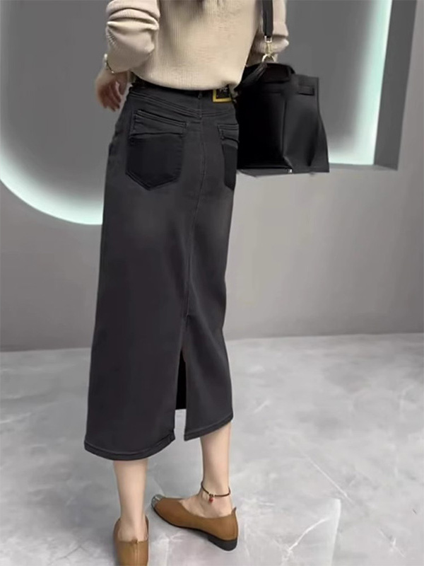 黑灰色弹力中长款牛仔裙女春秋欧货高腰显瘦小个子后开叉半身裙子