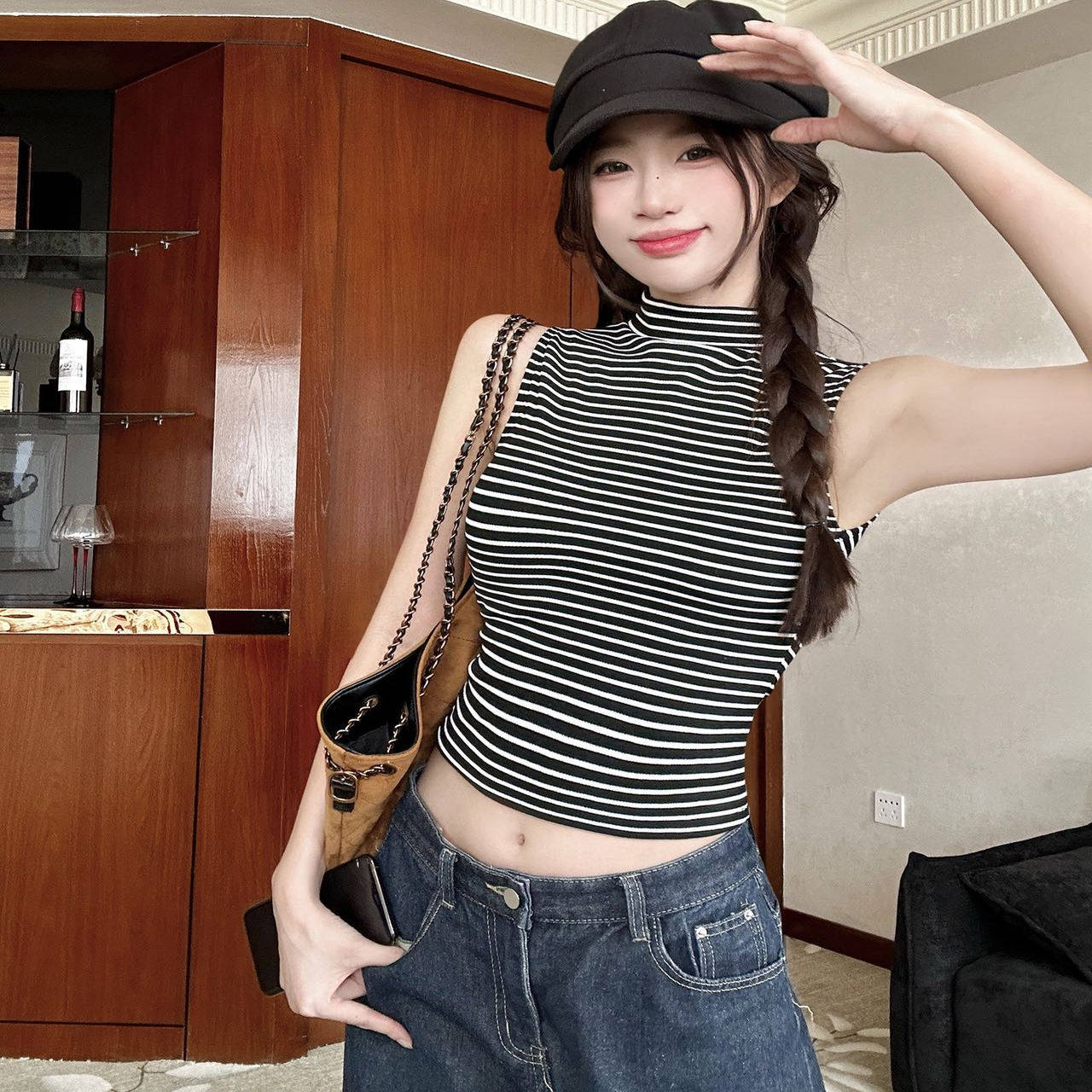 韩版高领条纹美背吊带背心女外穿带胸垫修身弹力性感百搭无袖上衣