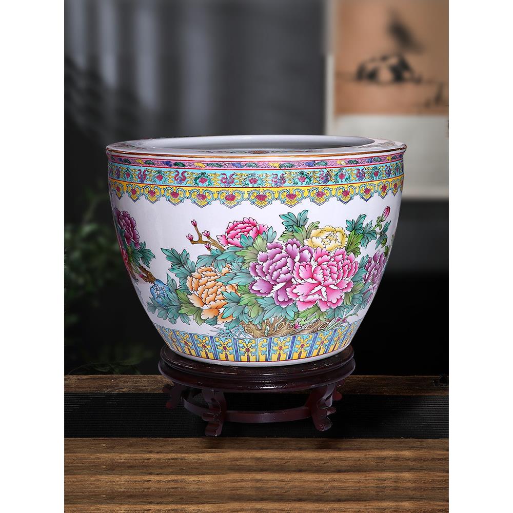 陶瓷手绘粉彩鱼缸景德镇睡碗莲荷花盆客厅养乌龟室外庭院大号水缸