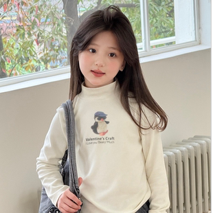 女童德绒白色打底衫秋冬季内搭中大童半高领保暖高雅企鹅印花上衣