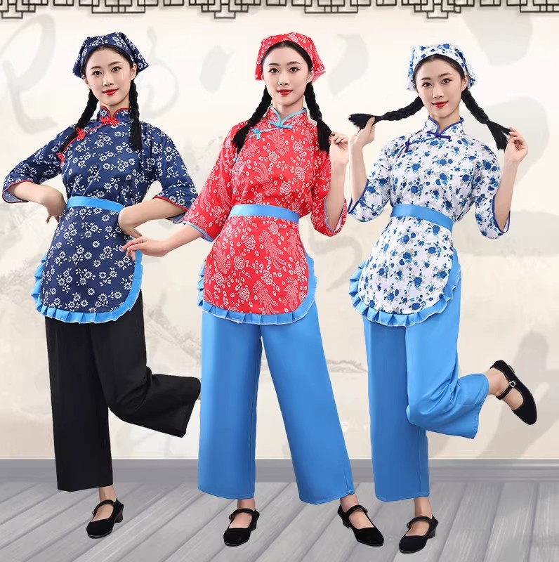 新款村姑服装女碎花衣服采茶舞蹈服乡村风怀旧农村阿庆嫂演出服装